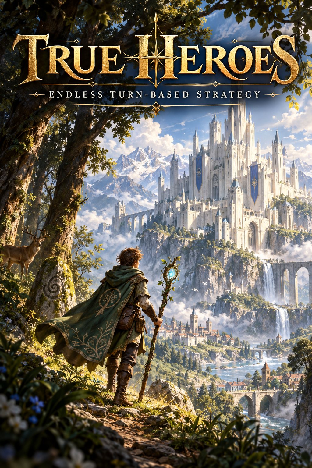 True Heroes key art: a young wanderer in a green cloak, staff in hand, looks out from the wild woods toward a white citadel on the cliffs.